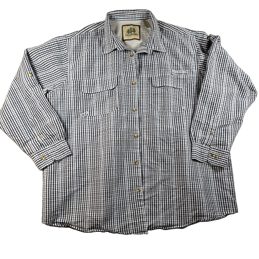 Fishing Shirt Men 3XLT Tallwoods Navy Gingham Ventilated Roll Tab Utility Pocket
